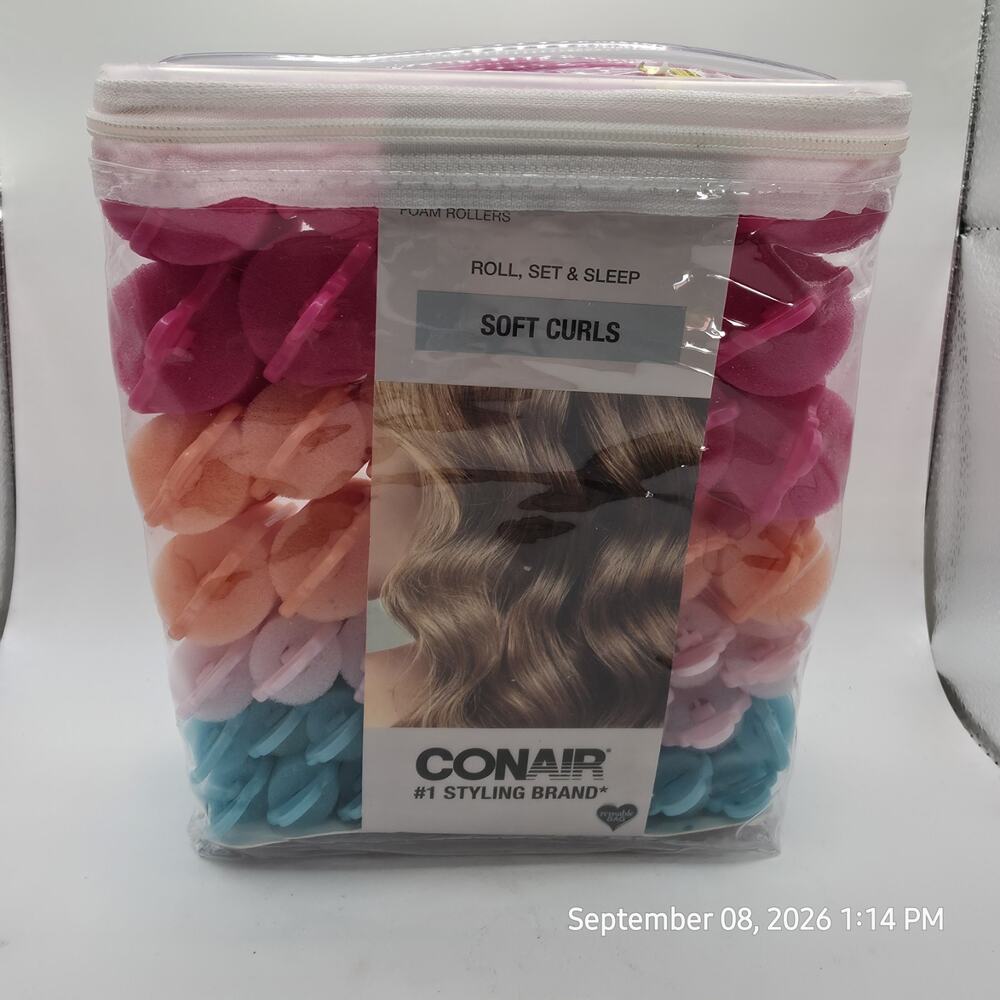 Conair Foam Self-Fastening Rollers, Assorted Sizes, Zipper Case, 48ct - NEW